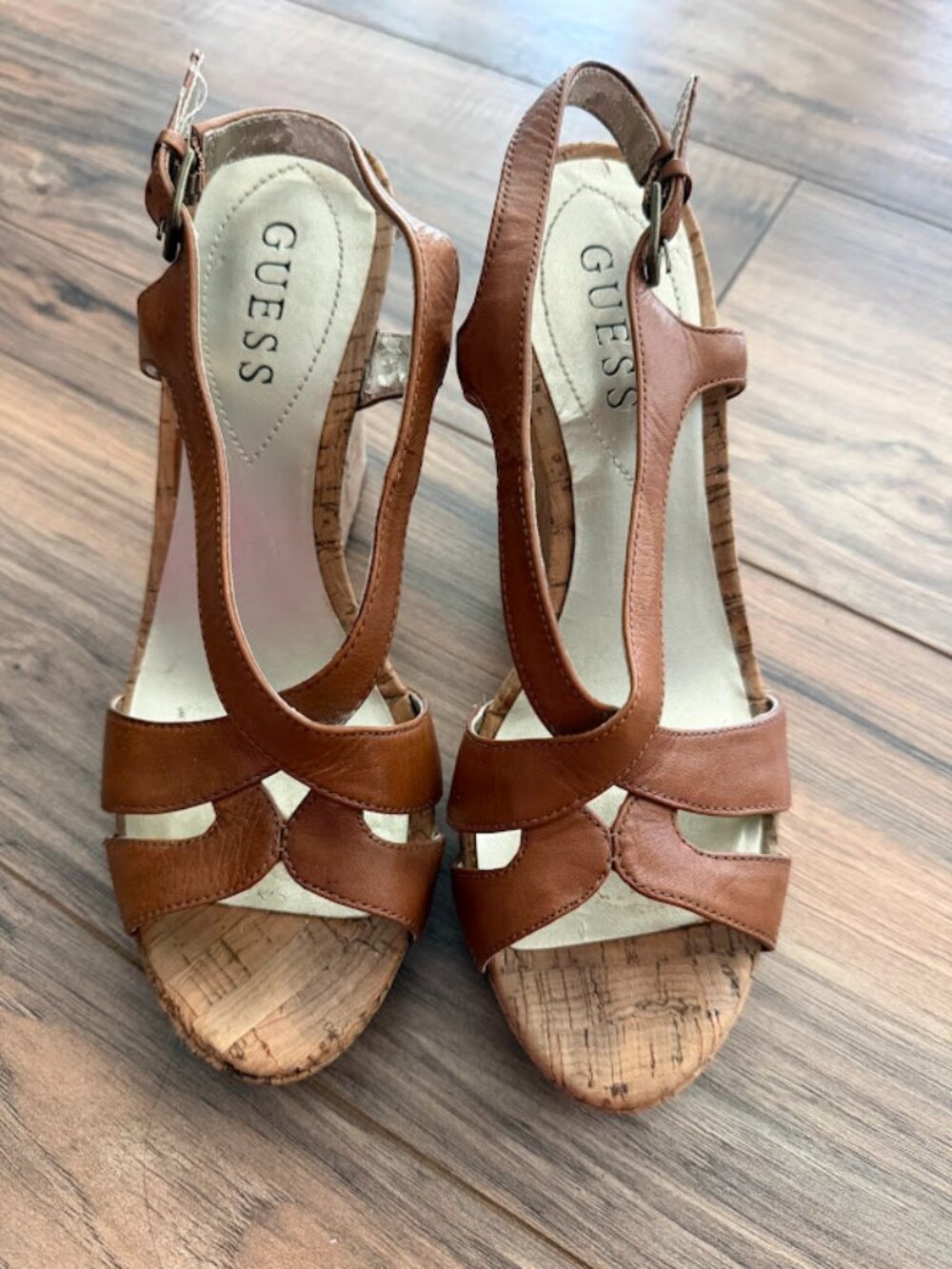 Guess brown leather strap 4" cork wedge in Size 6.5